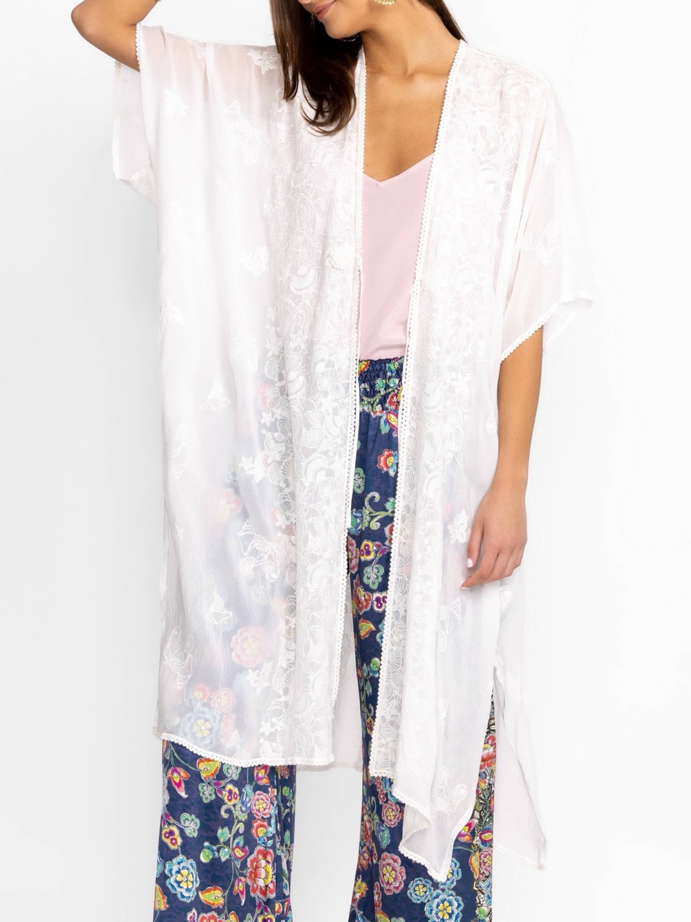 NWT. Johnny Was White Embroidered Sea Georgia Duster Kimono Topper O/S